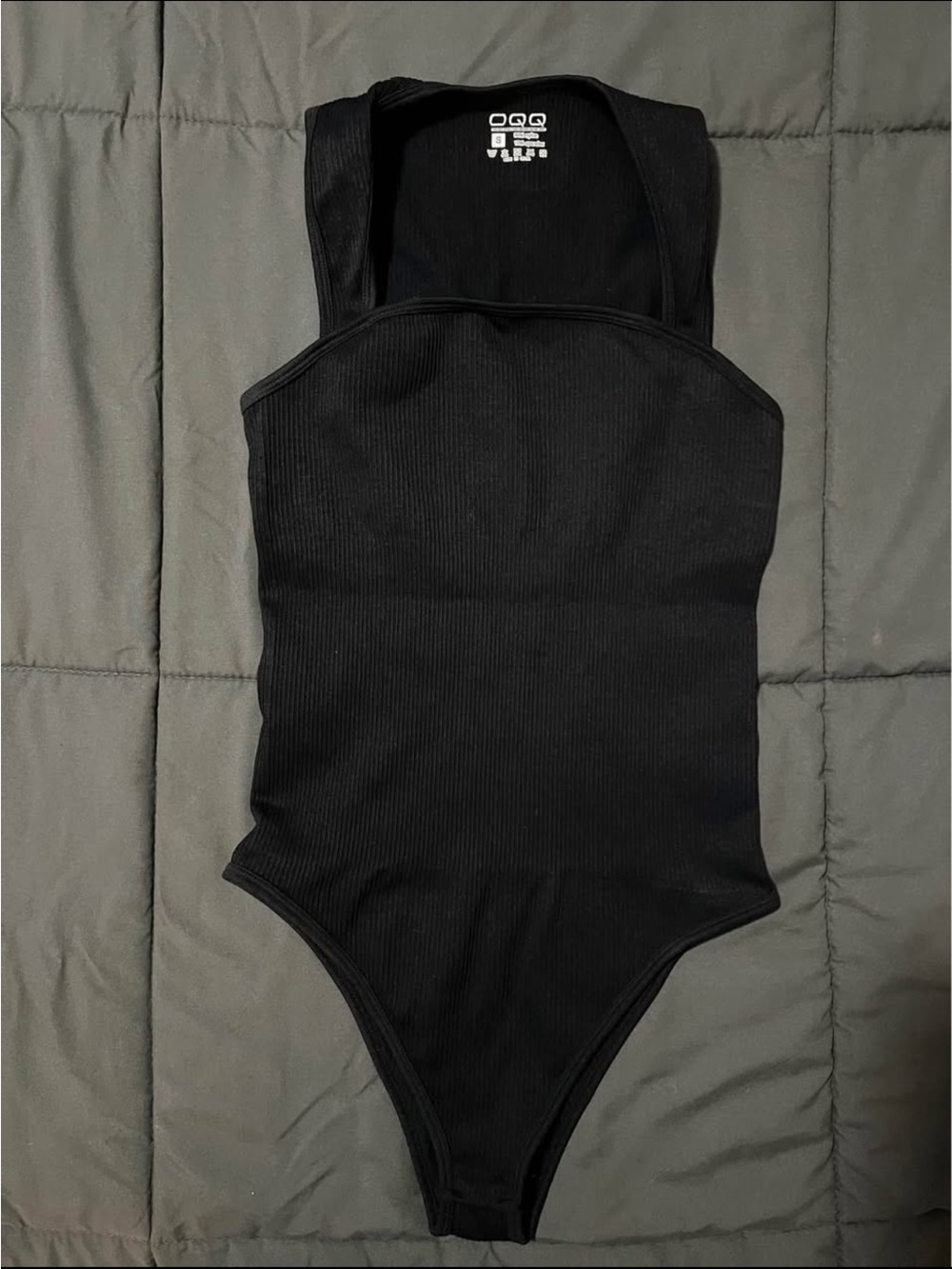OGG Black Ribbed Square-Neck Bodysuit